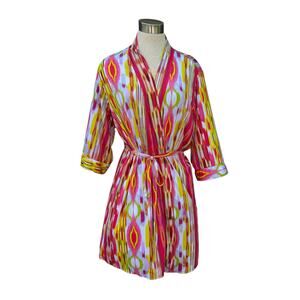 Josie Natori Bright Stripe Belted Robe Pink Yellow Lime L